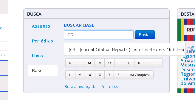 Imagem da tela de pesquisa do Portal de Períodicos Capes com o
termo "JCR" sendo
pesquisado.